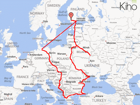 Ajoreitti. Valko-Venäjän harharetki ja Ukrainan rajalle pysähtynyt eteneminen näkyy kartassa selvästi. Sama tie ajettiin siis maassa edestakaisin.